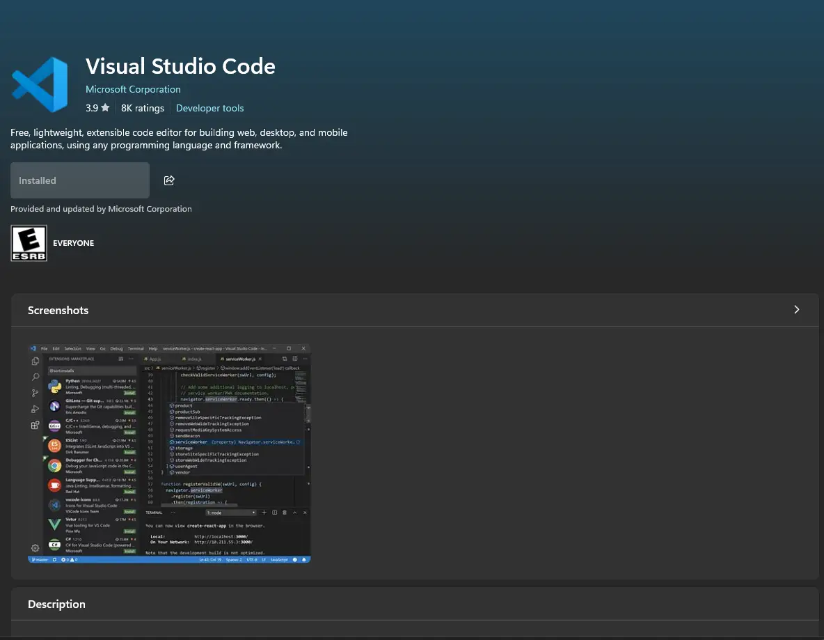 Visual Studio Code instalado desde Microsoft Store