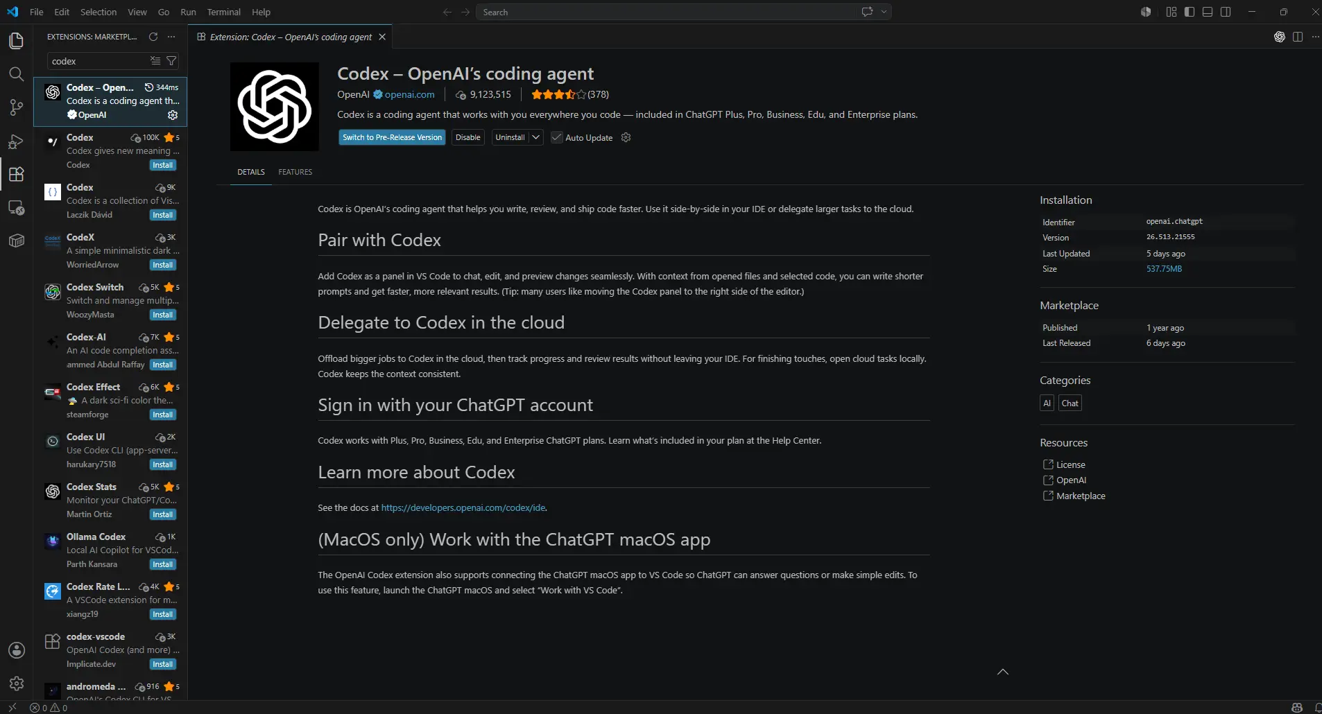 Extensión oficial de Codex en VS Code