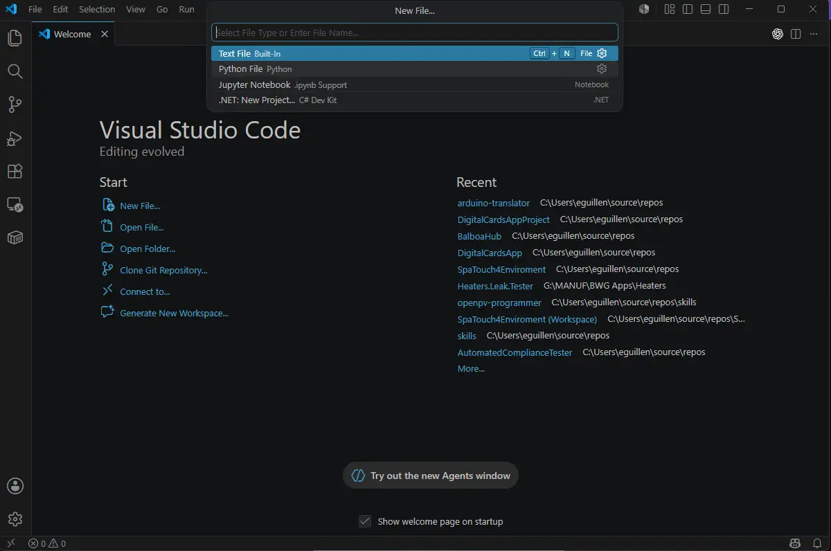 Opción para crear archivos o preparar el espacio de trabajo en VS Code