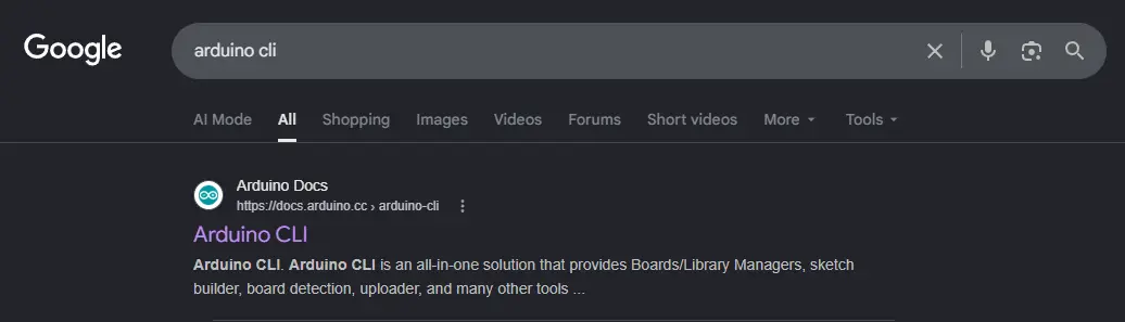 Búsqueda de Arduino CLI en la web